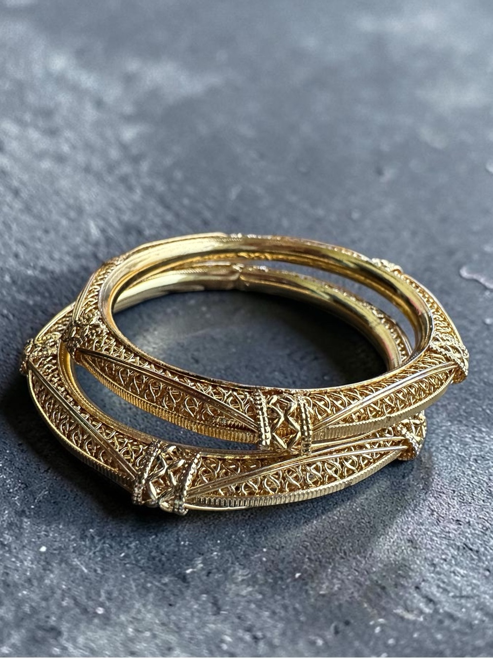 Exquisite 22k Gold-Plated Indian Filigree Bangle Bracelets 7.5”
